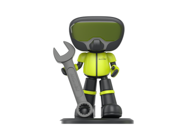 MARS Magicshine mascot figure in lime green holding a wrench, front view.